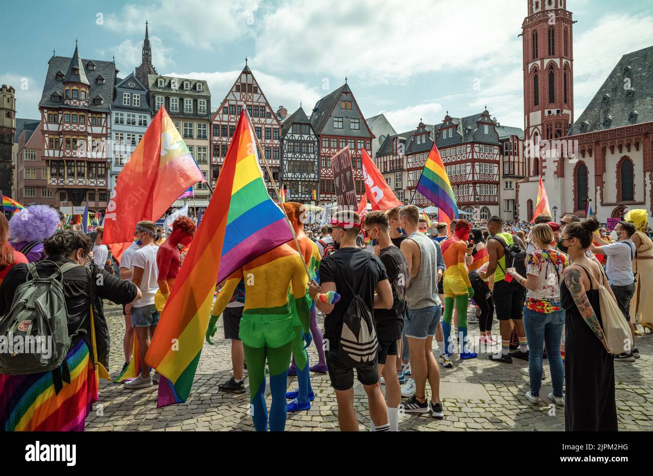 Frankfurt, Germany - July 17, 2021: The gay pride demonstration in Romerberg square Stock Photo