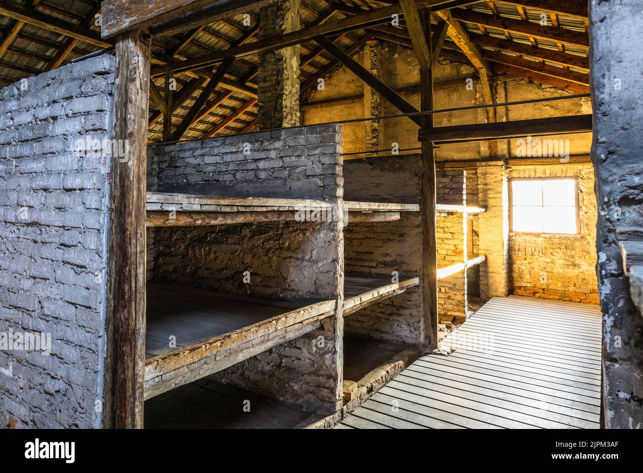 Barrack for prisoners in the Auschwitz - Birkenau concentration camp. Oswiecim, Poland, 17 July 2022 Stock Photo