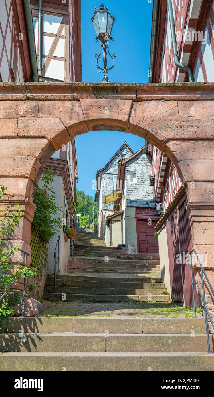 Germany, Miltenberg, the stairs, arch and alley leading to the Castle Stock Photo