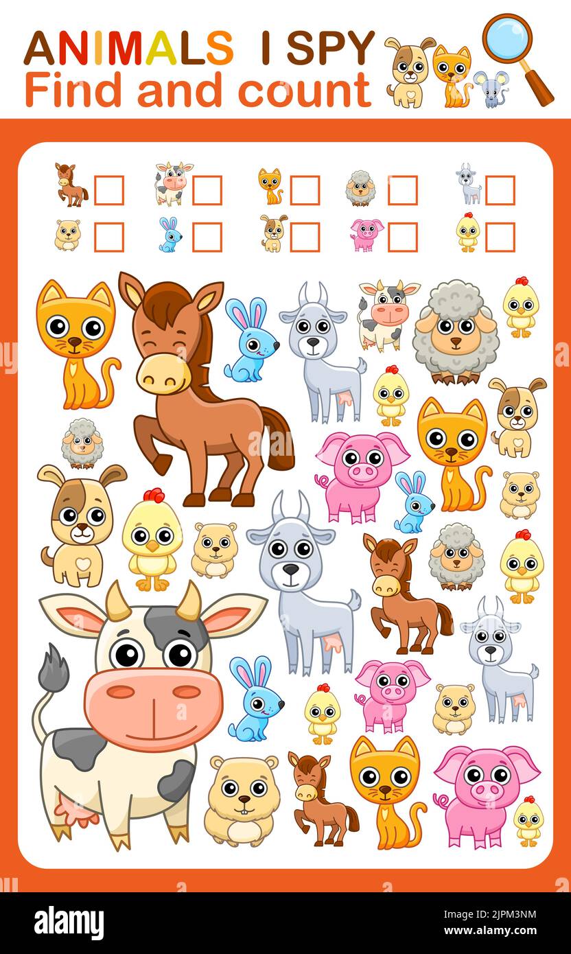 Printable worksheet for kindergarten and preschool book page. I spy. Cute farm animals, vector illustration Stock Vector