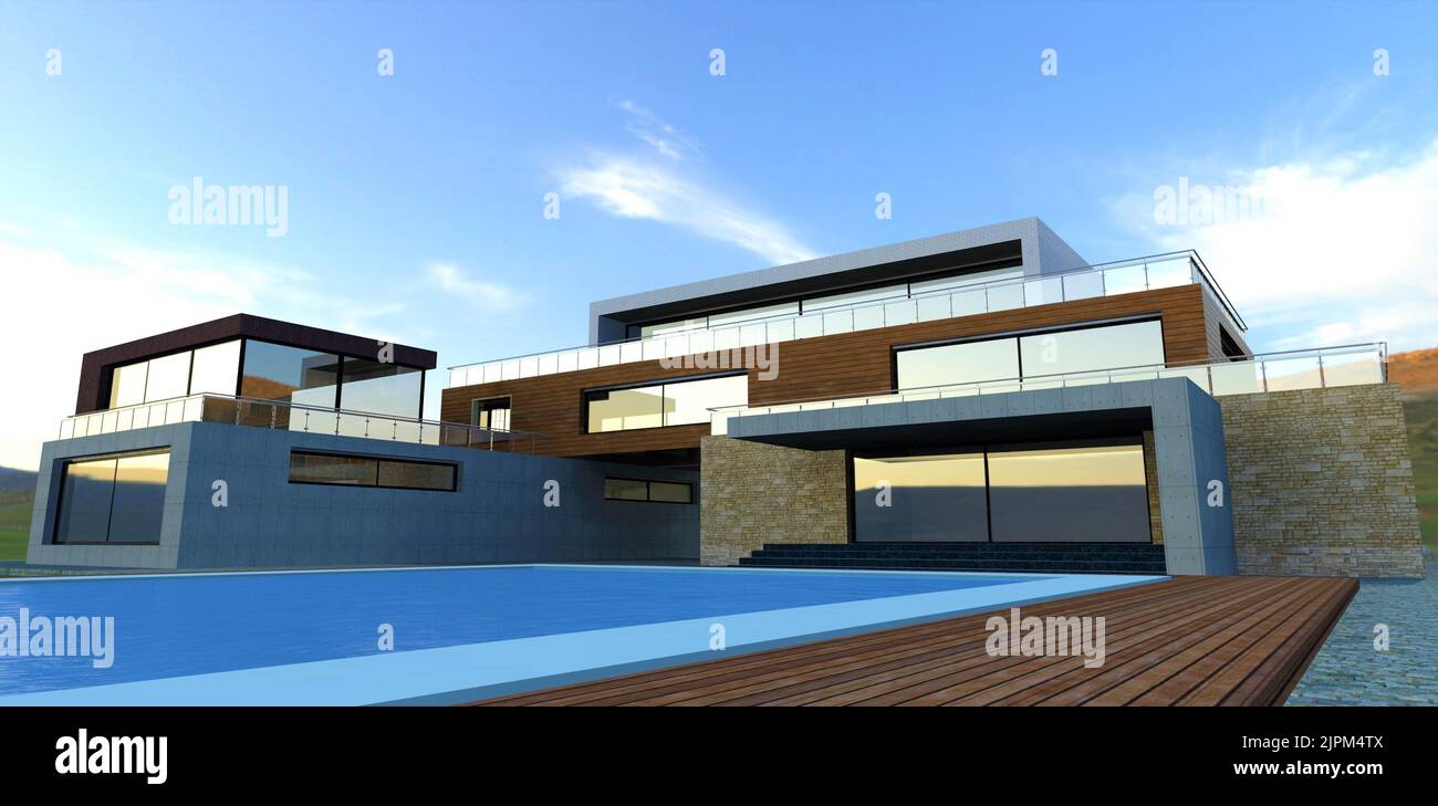 Luxurious country villa with pool. Futuristic style. Wall cladding ...