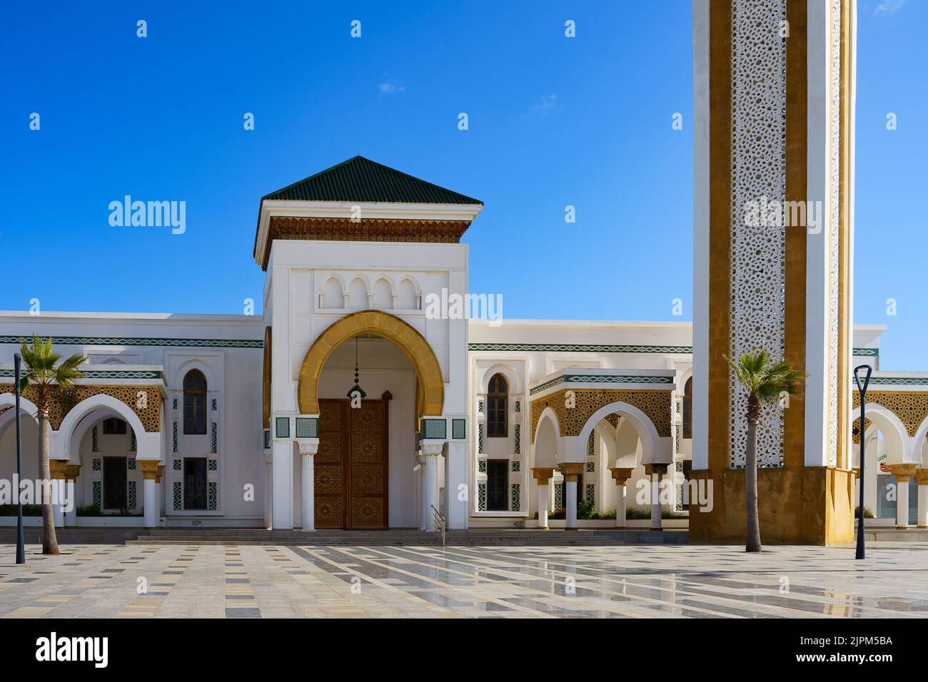 An aerial view of Masjid Al-Mina mosque under blue bright sky in Tangier Stock Photo