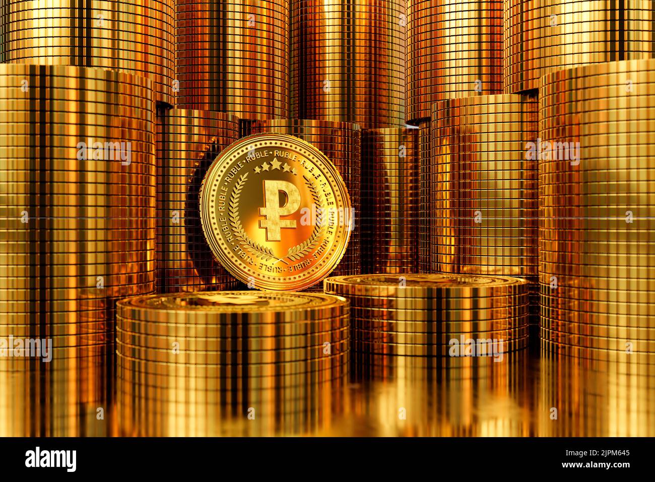 3D rendering of pile of gold ruble coins. business concept, finance backgound, exchange market Stock Photo