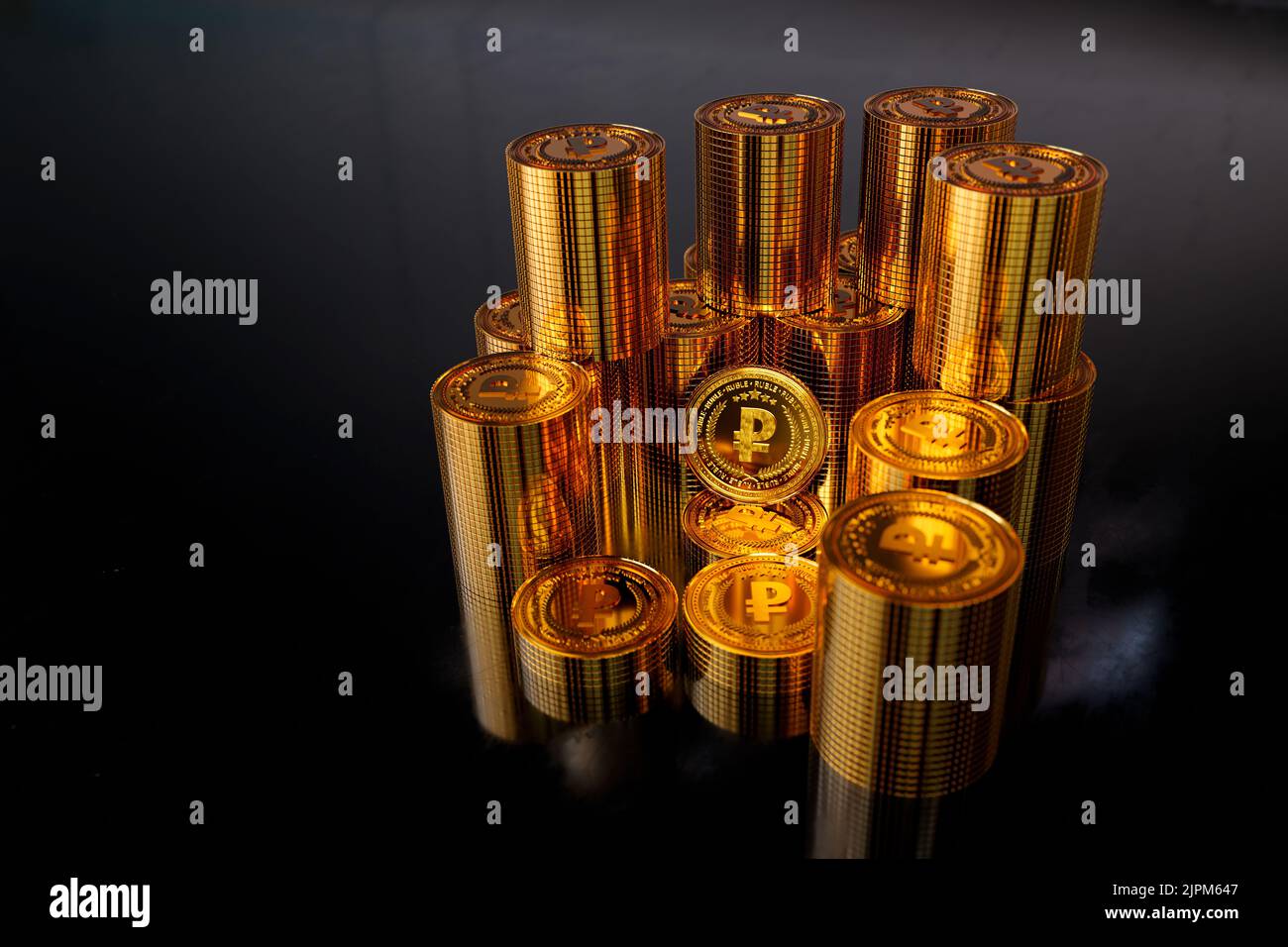 3D rendering of pile of gold ruble coins. business concept, finance backgound, exchange market Stock Photo