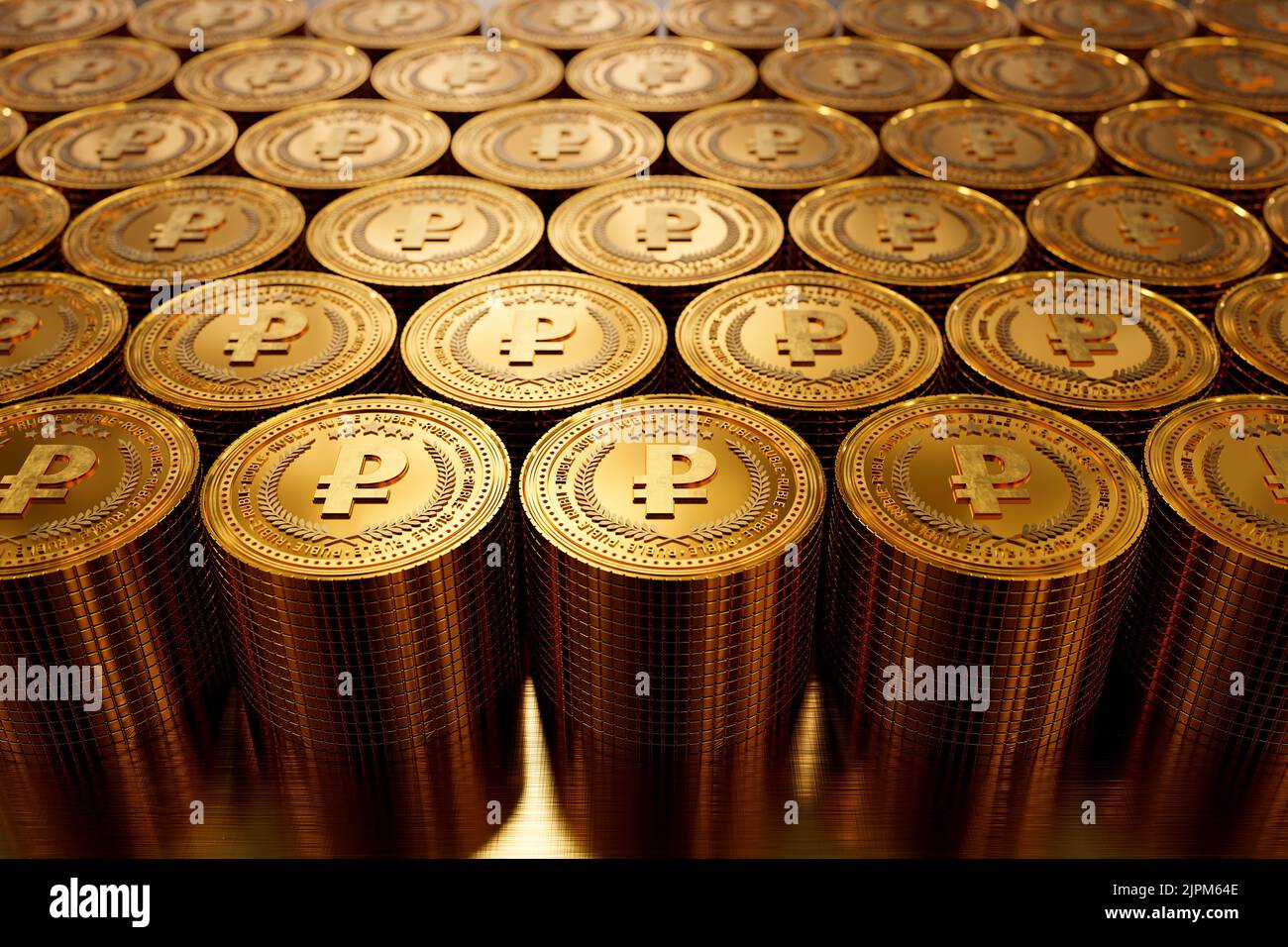 3D rendering of pile of gold ruble coins. business concept, finance backgound, exchange market Stock Photo