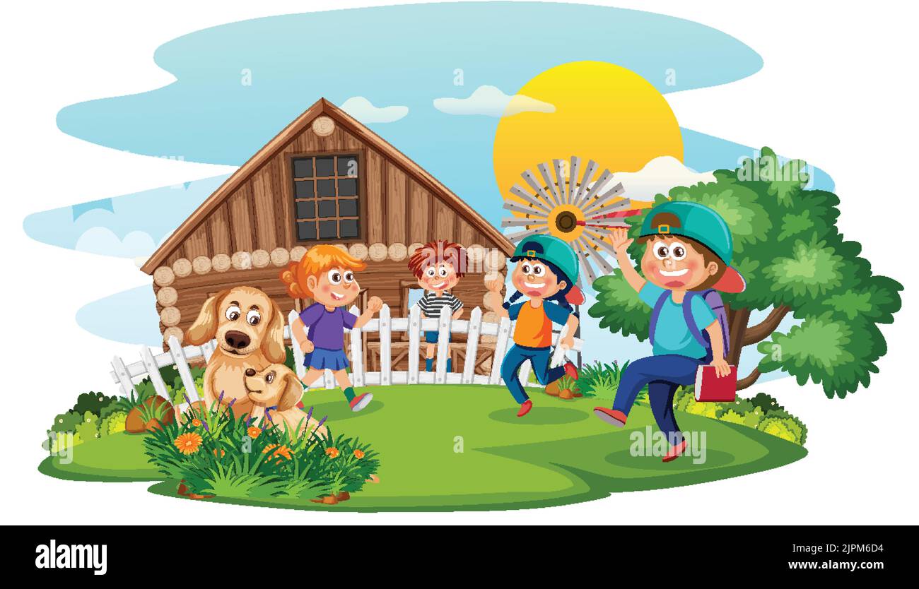 Farm scene with kids cartoon character illustration Stock Vector Image ...
