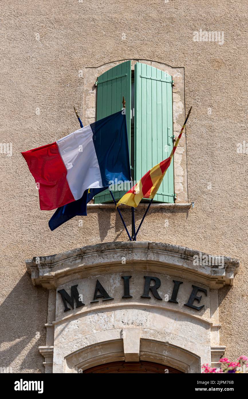 Tricolour French flag of Moustiers Sainte Marie Mairie, Town Hall, France, Europe Stock Photo