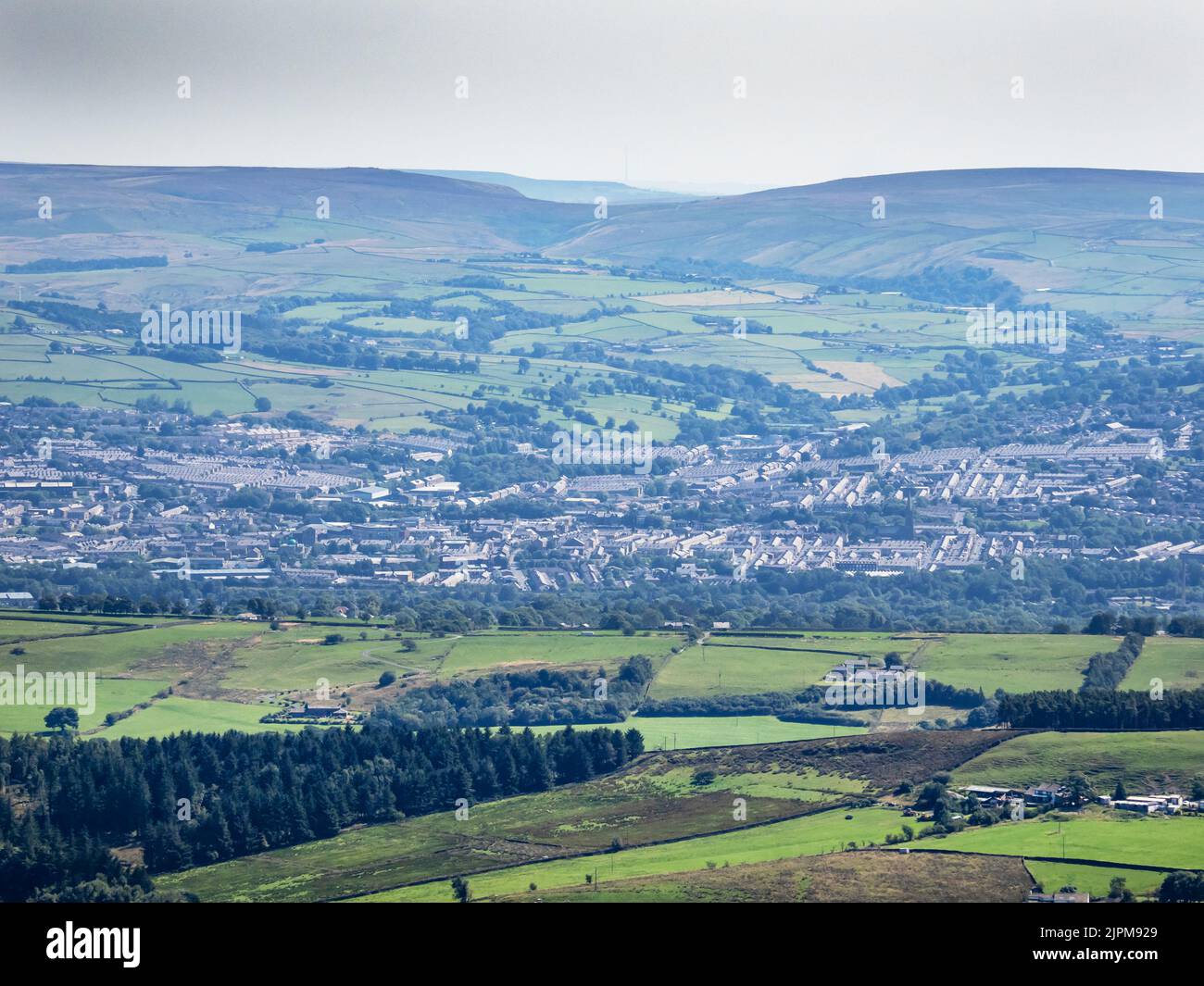 Looking down on Nelson from Pendle Hill, Lancashire, UK. Stock Photo