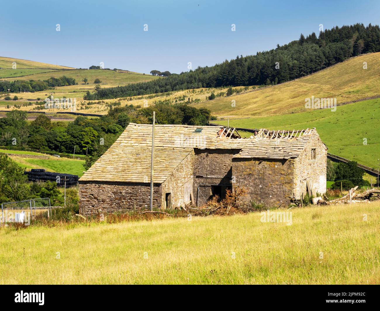 An old derelict farmhouse above Barley on Pendle Hill, Lancashire, UK. Stock Photo