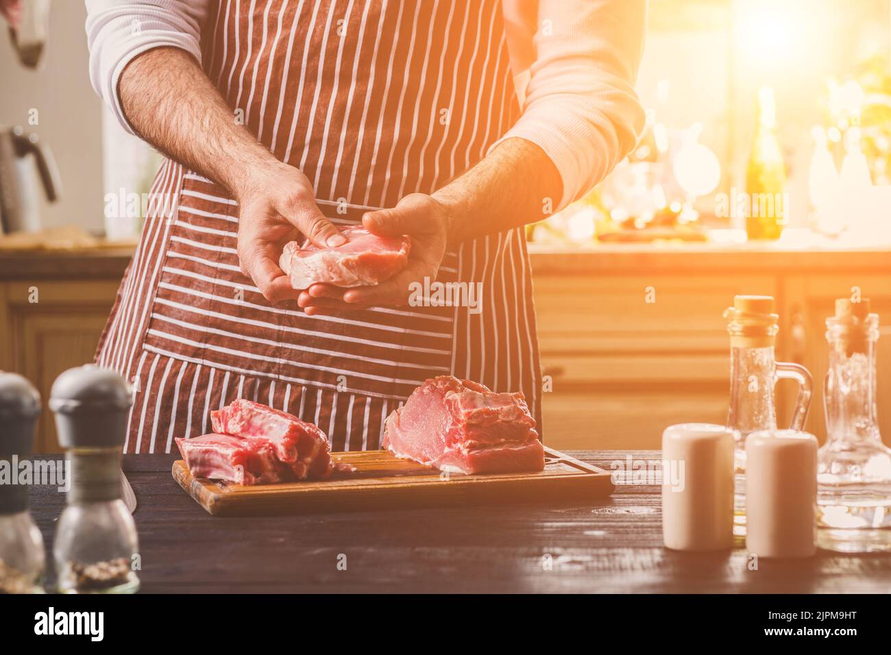 Preparation of dinner. Cooking, processing of meat beef, tenderloin