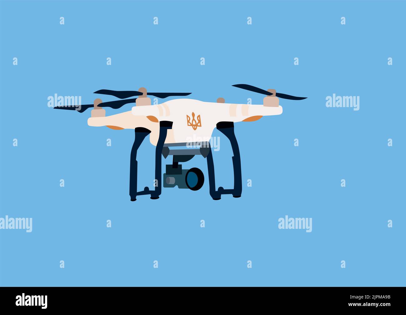 illustration of remote controlled military drone with ukrainian trident symbol and video camera on blue background,stock illustration Stock Vector