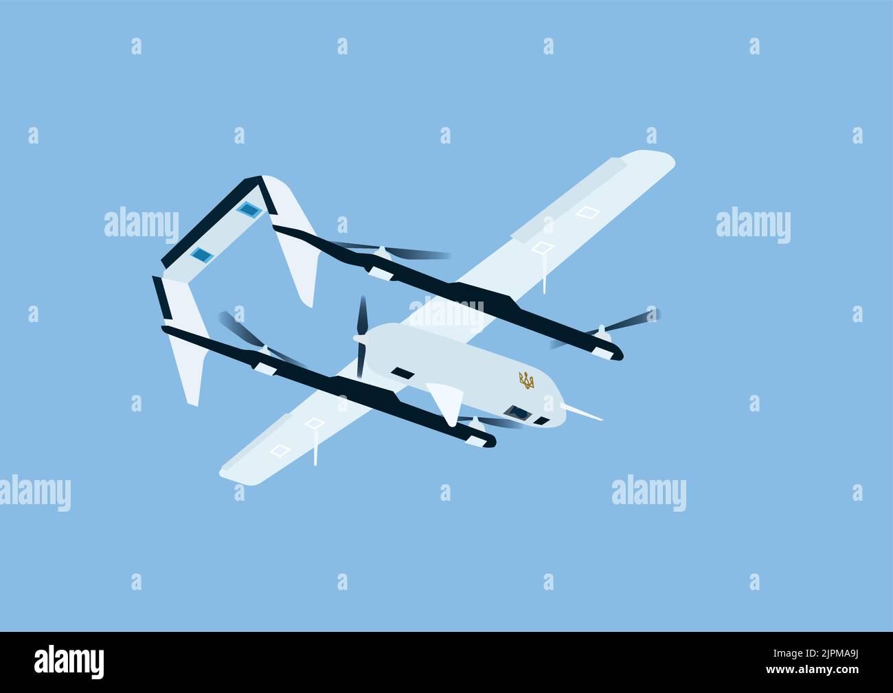 illustration of cartoon unmanned aerial vehicle with national ukrainian symbol on blue background,stock illustration Stock Vector