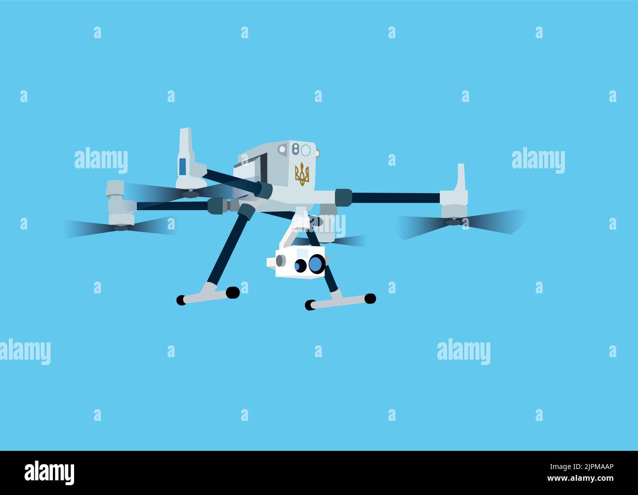 illustration of cartoon military drone with video camera and ukrainian trident on blue background,stock illustration Stock Vector