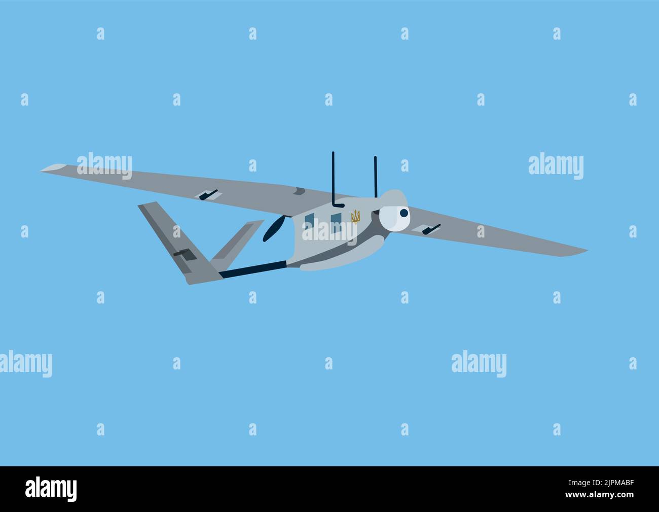 illustration of cartoon military drone with ukrainian trident symbol on blue background,stock illustration Stock Vector