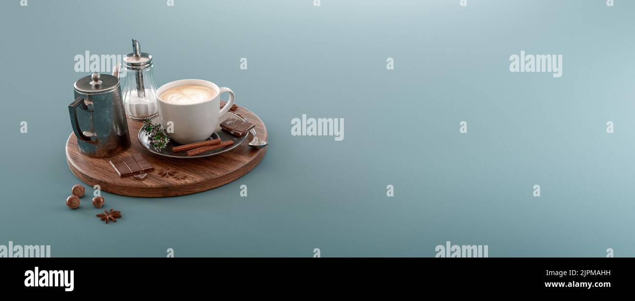 Autumn Concept or Background Cup of Coffee Capuccino with Chocolate and Cinnamon. Professional 3d rendering. Stock Photo