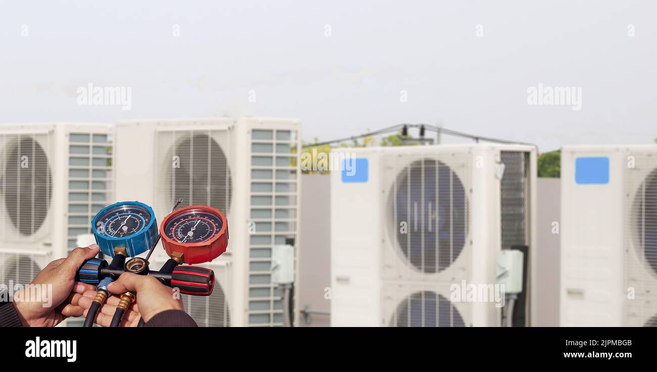 Air conditioning check service leak detection add refrigerant Stock