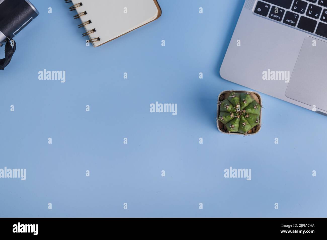 Computer laptop cactus notebook and camera on desk background copy space top view. Stock Photo