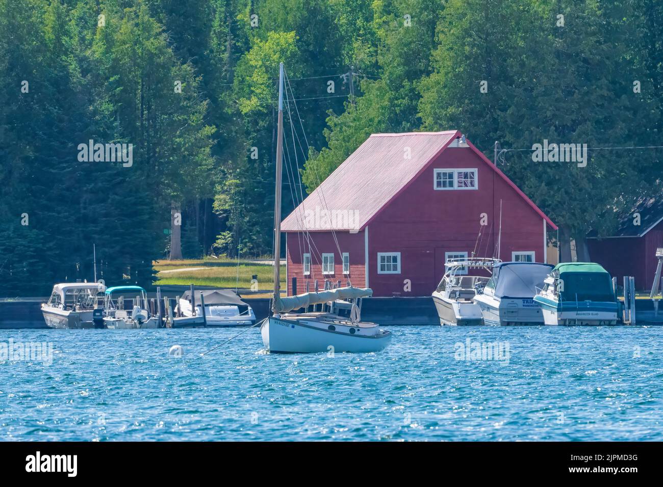 Washington Island, located at the northern tip of the Door County peninsula in NE Wisconsin, is a great sailing destination. Hera a boat is moored. Stock Photo