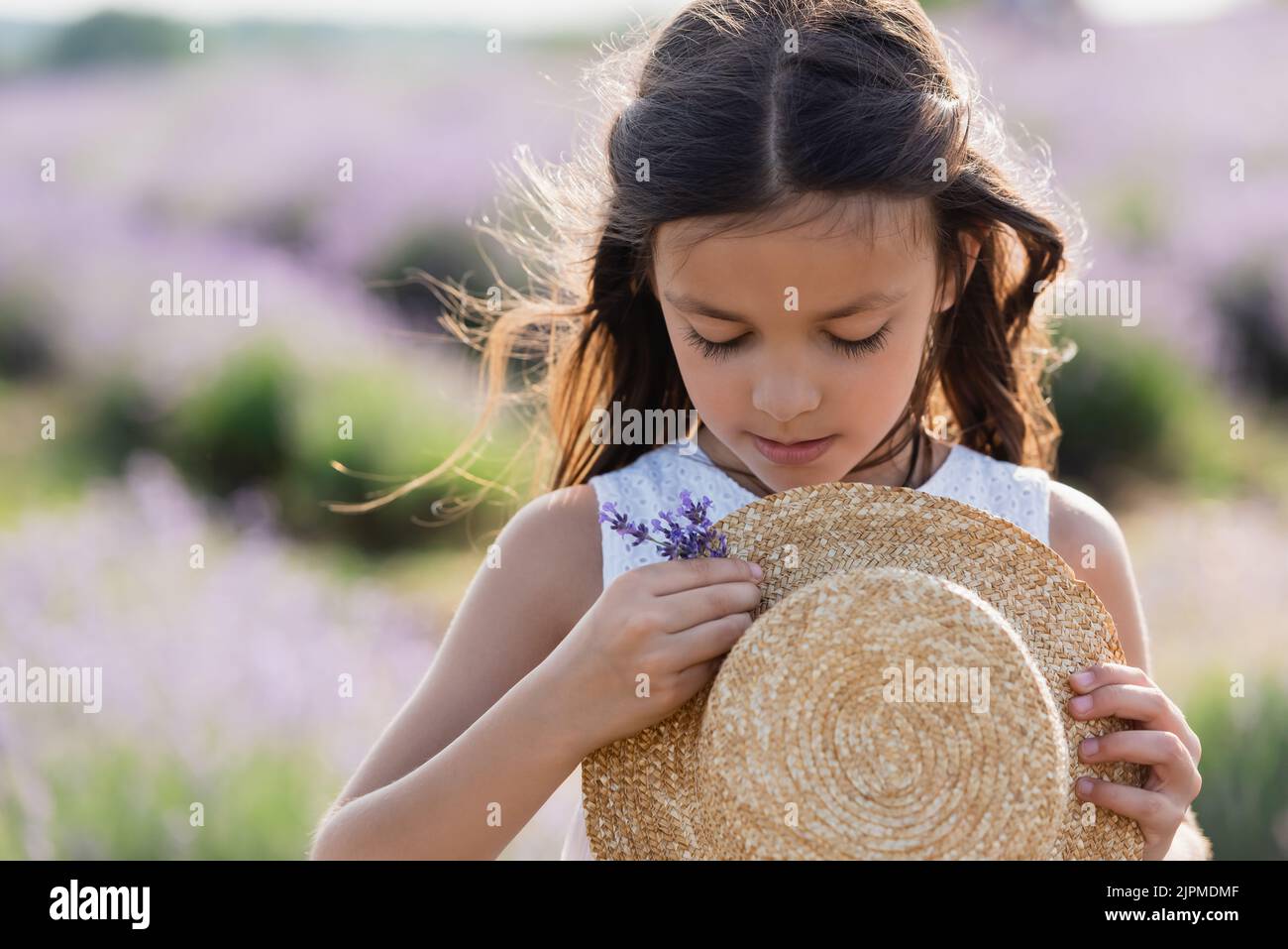 girl with long hair decorating straw hat with lavender flowers Stock ...