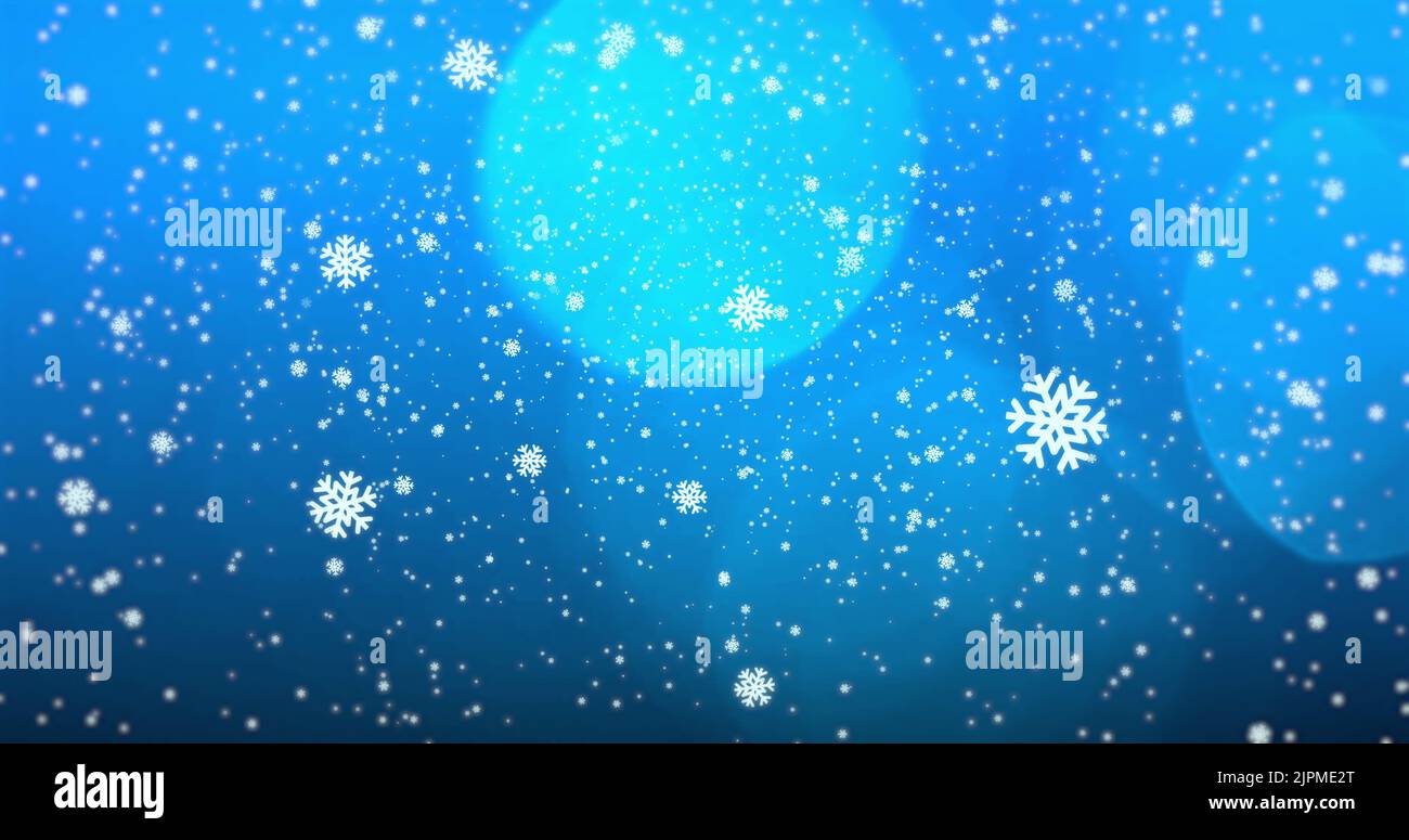 Image of snowflakes falling and spot lights on blue background Stock ...