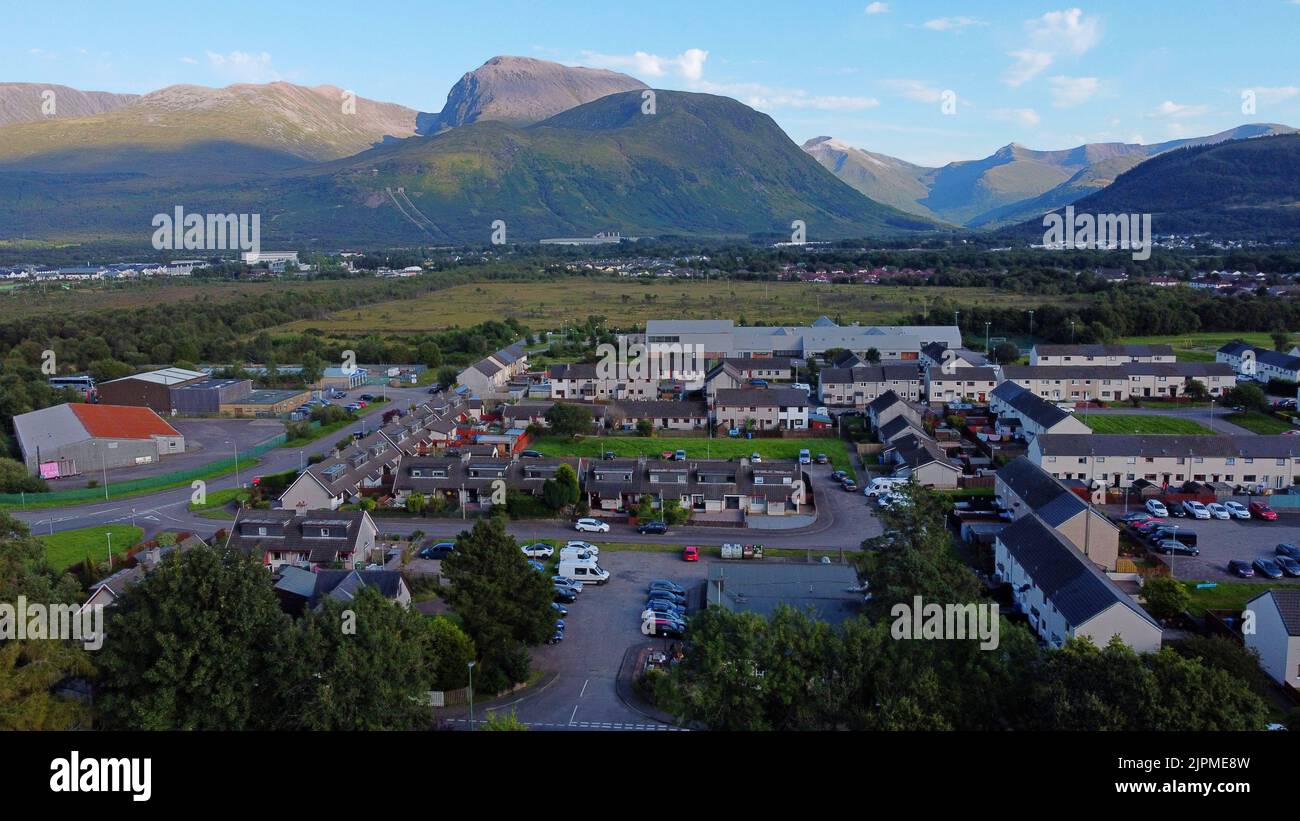 Aerial view of Fort William with Ben Nevis and Glen Nevis in the background Stock Photo
