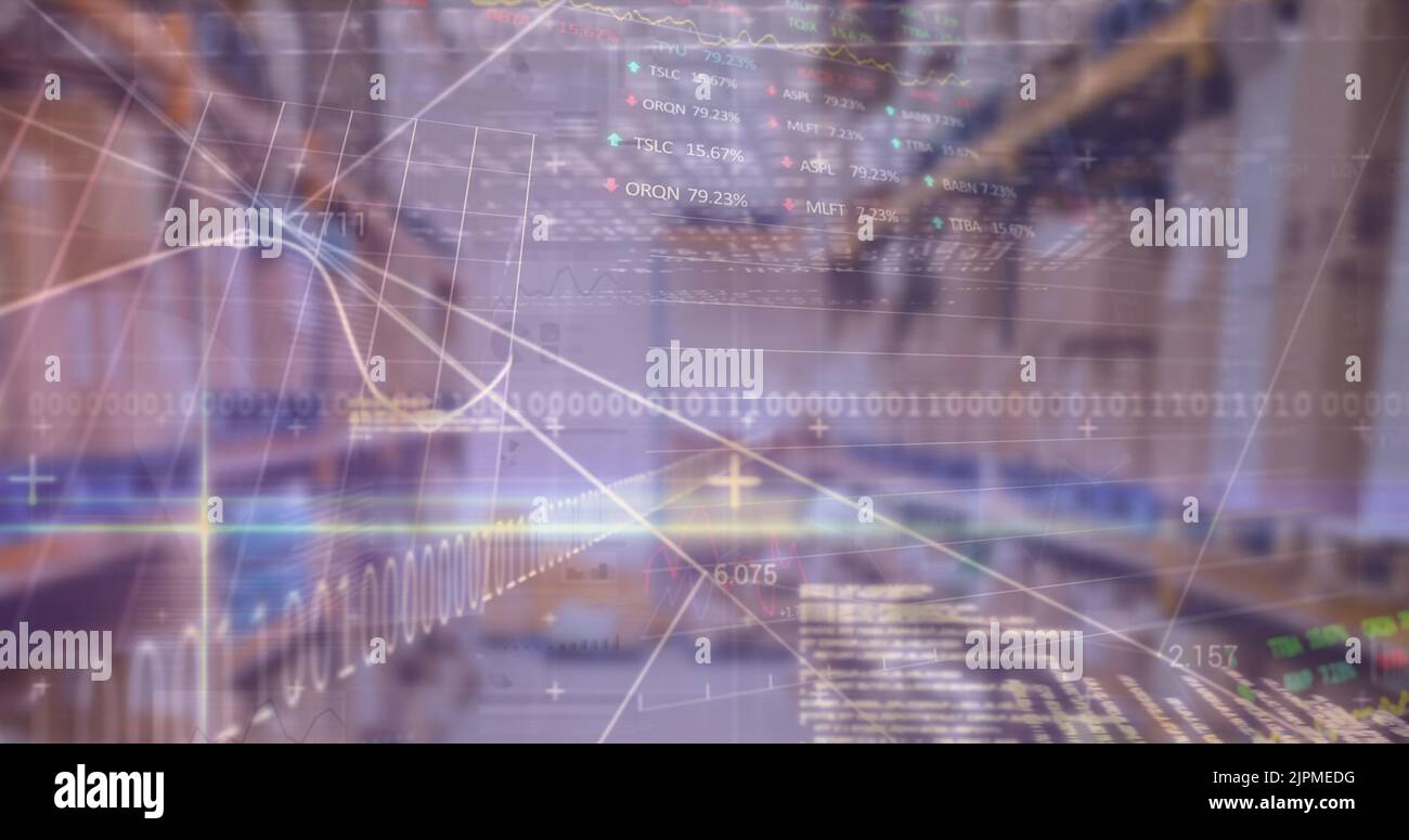 Image of financial data and graphs over warehouse Stock Photo