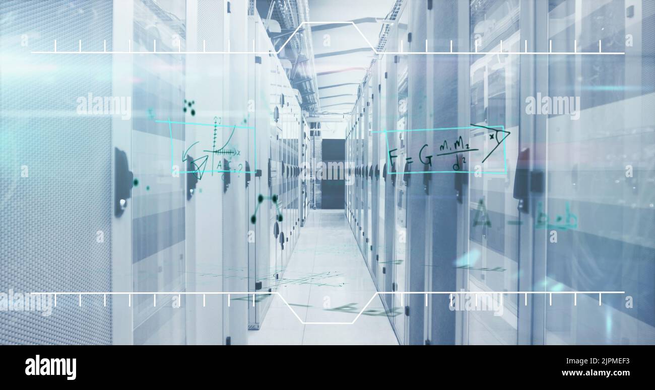 Mathematical equations and molecular structures against empty server room Stock Photo