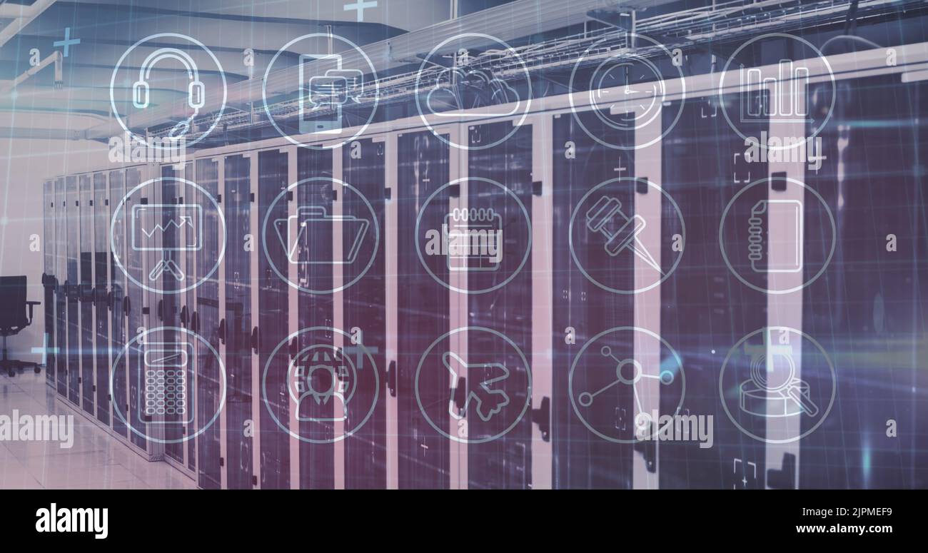 Image of technological icons in circles over an empty server room Stock Photo