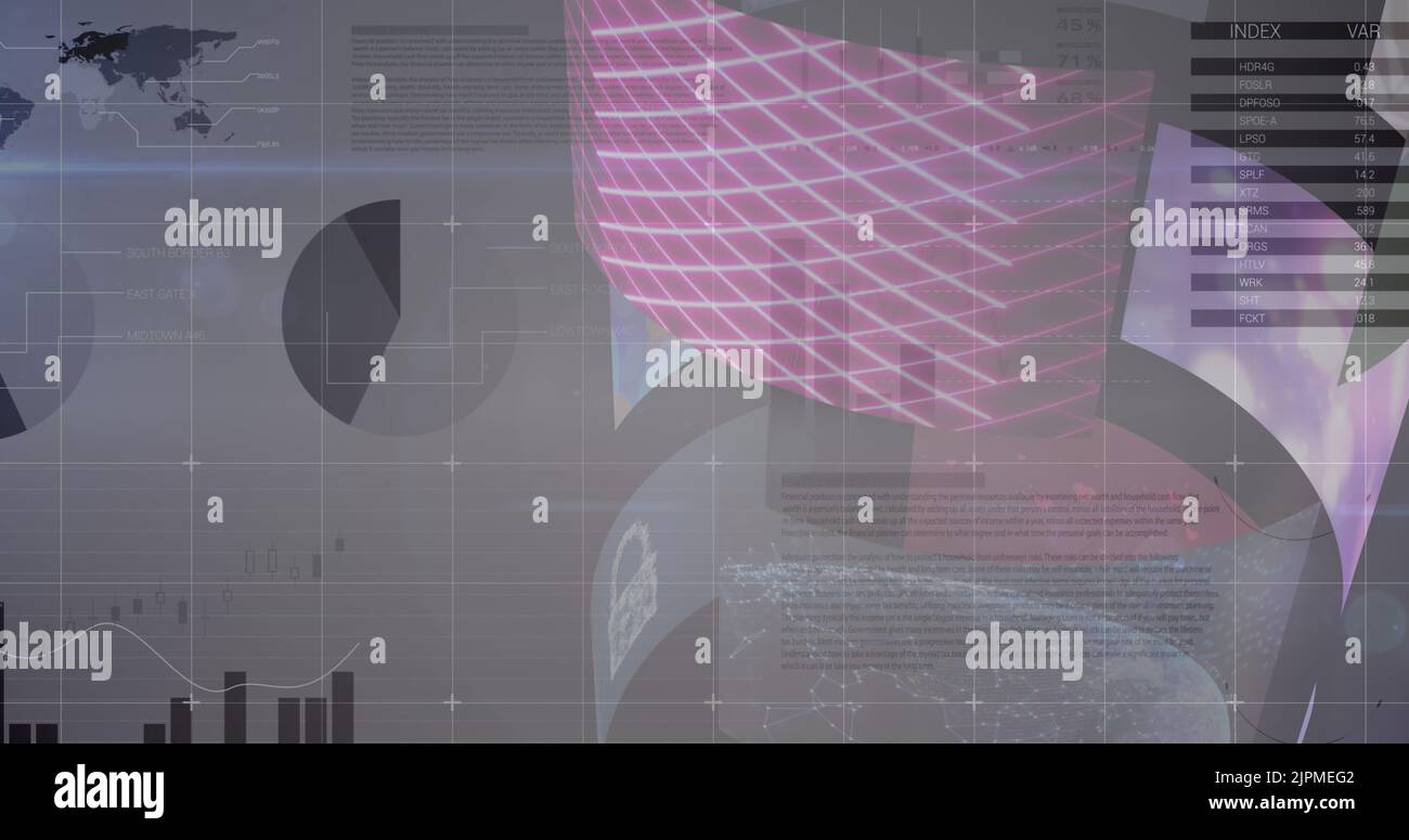 Image of statistics and data processing over screens Stock Photo