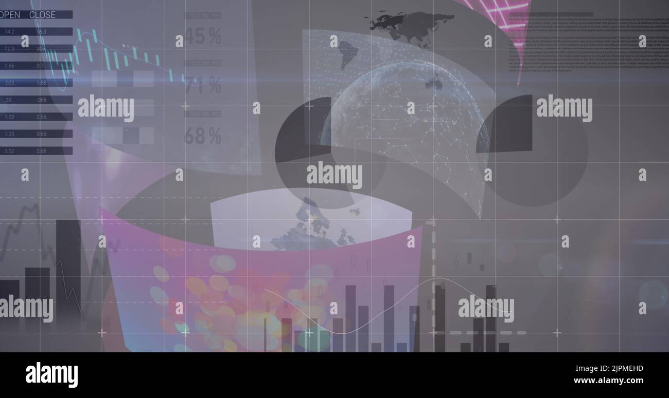 Image of statistics and data processing over screens Stock Photo