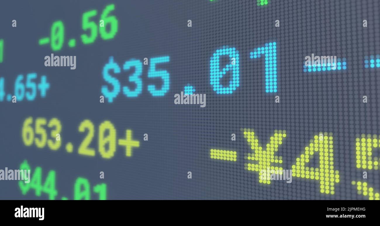 Image of financial data and graphs over navy background Stock Photo