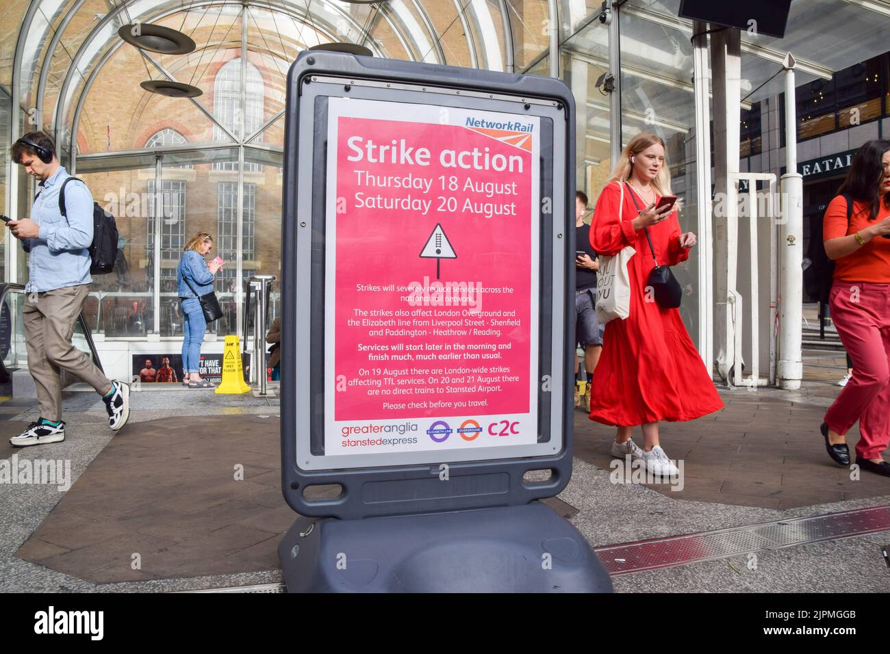 London, UK. 19th August 2022. A sign at Liverpool Street Station advises commuters about rail