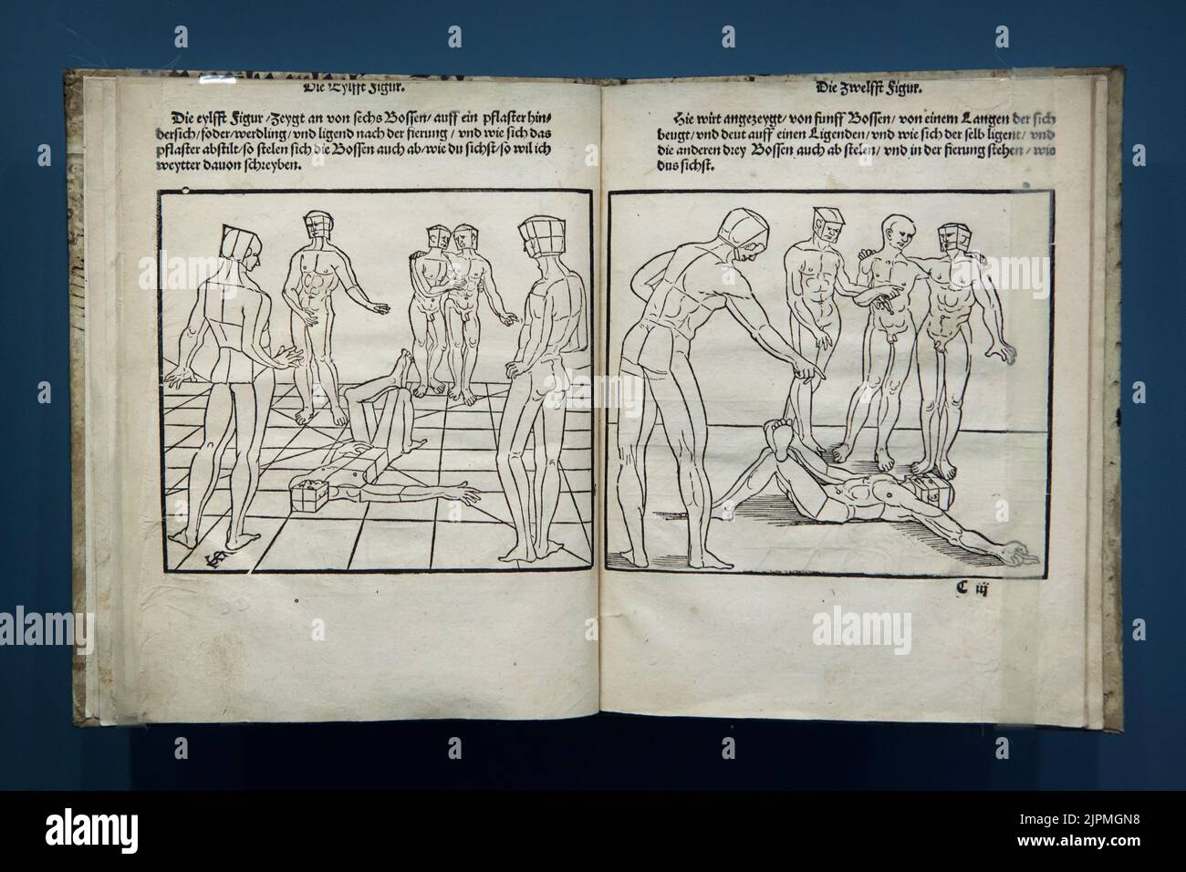 Two woodcuts by German Renaissance artist Erhard Schön (1543) in his book entitled 'Underweissung der Proportzion und stellung der possen' ('Instruction of Proportion and Position of Poses') printed by Christoff Zell (1543) in Nürnberg, Germany. Stock Photo