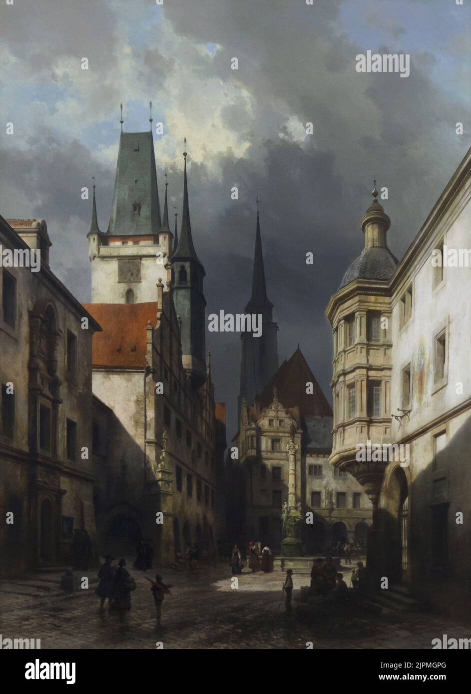 Painting 'Town Square with Fountain and Town Hall in Litoměřice' by German architectural painter Carl Graeb (1867) on disрlау in the Кunstfоrum Оstdеutsсhе Gаlеriе in Rеgеnsburg, Gеrmаnу. Stock Photo