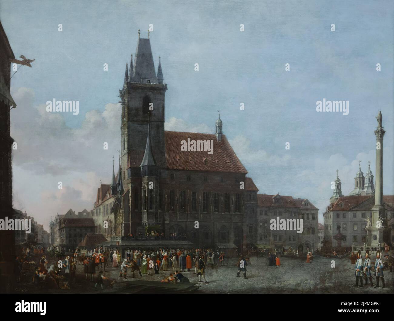 Painting 'View of Prague's Old Town Square with Marian Column' by Austrian painter Ludwig Kohl (1810) on disрlау in the Кunstfоrum Оstdеutsсhе Gаlеriе in Rеgеnsburg, Gеrmаnу. Stock Photo