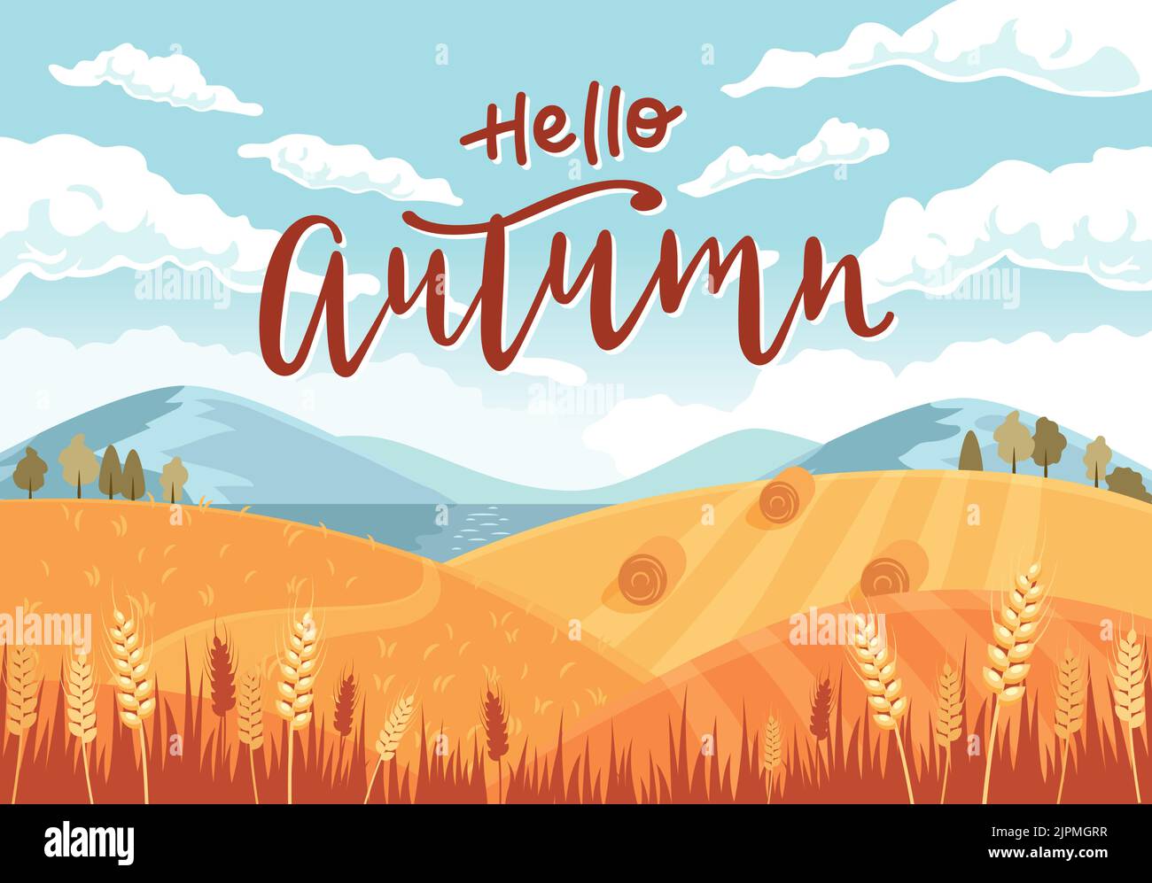 Autumn landscape with lettering. Fields with crops, wheat golden ripe spikelets, round hay bales. Vector illustration in flat style Stock Vector