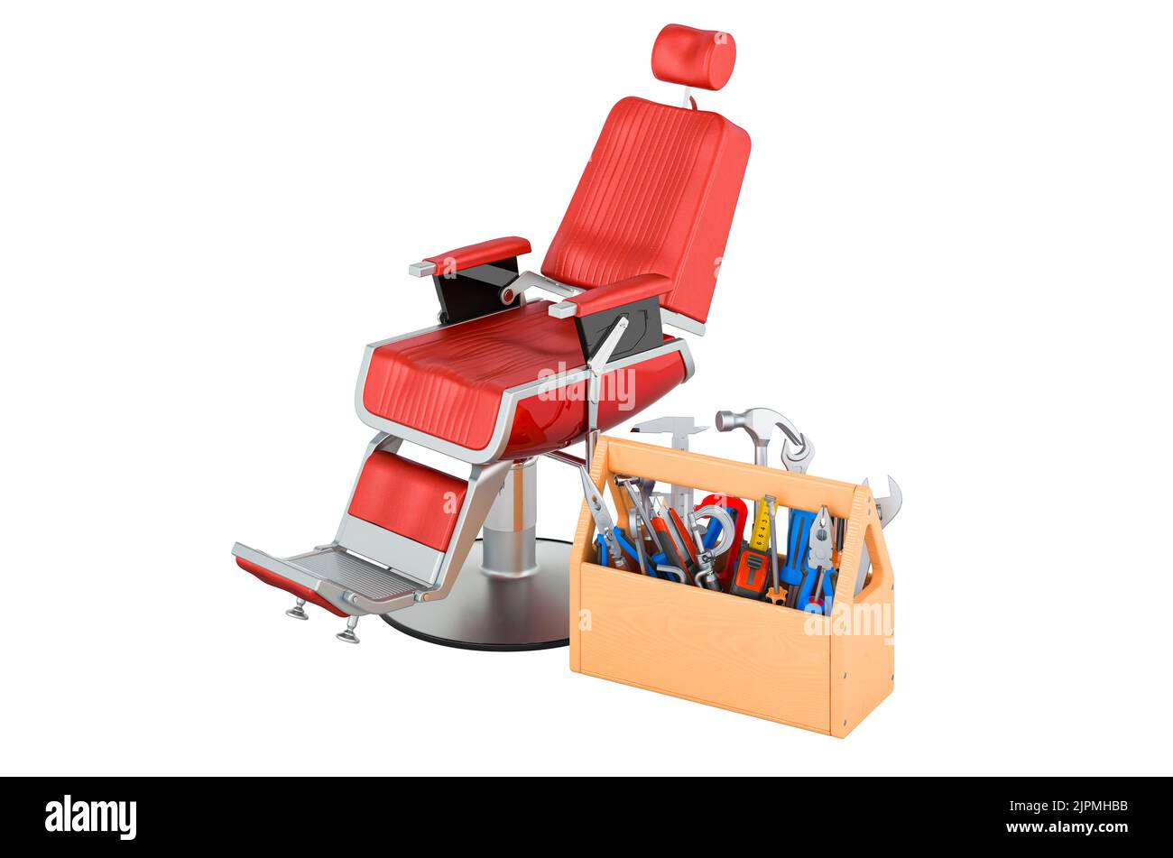 Barber chair with tool box. Service and repair of chairs, 3D rendering