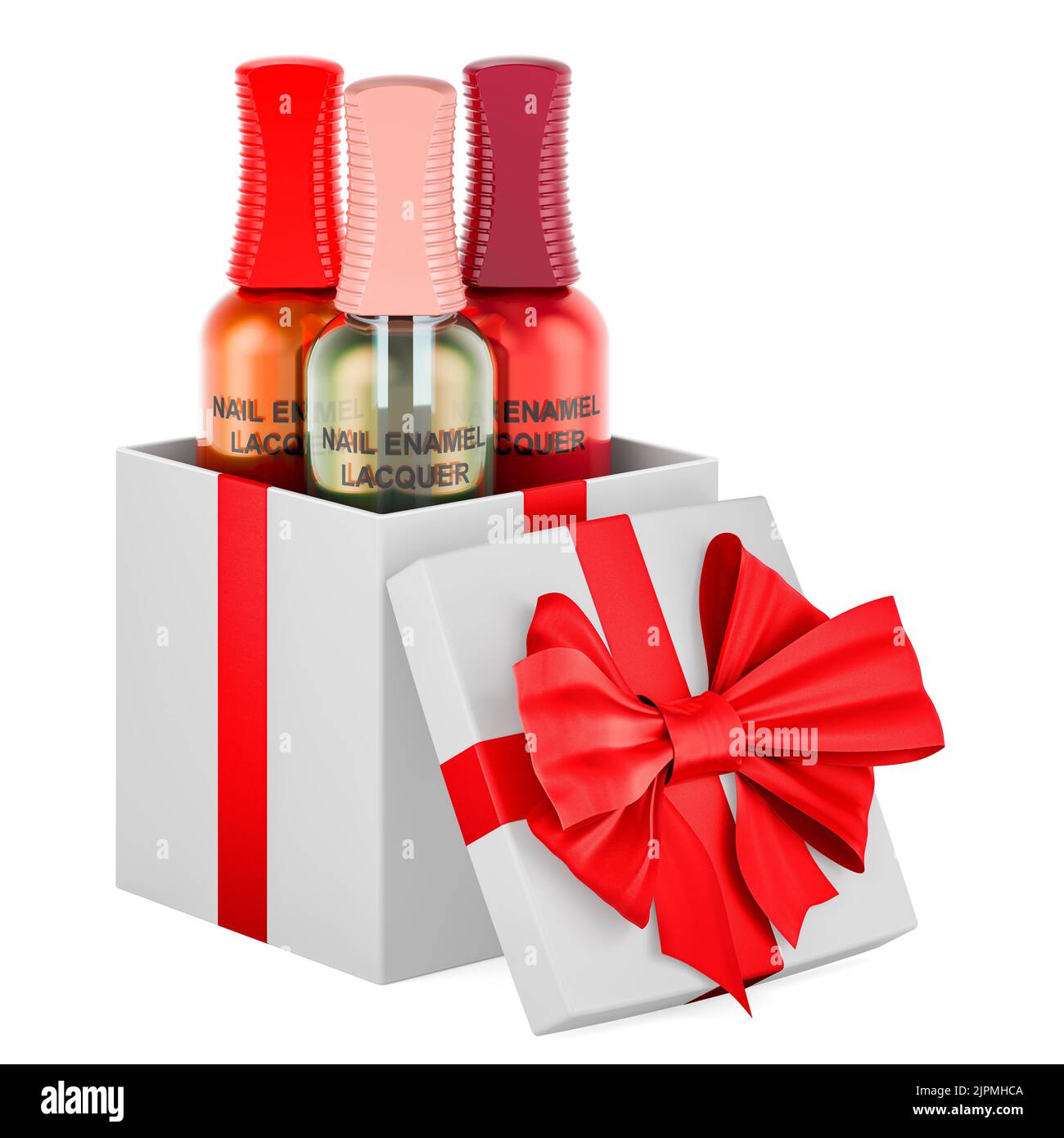 Nail polishes inside gift box, present concept. 3D rendering isolated