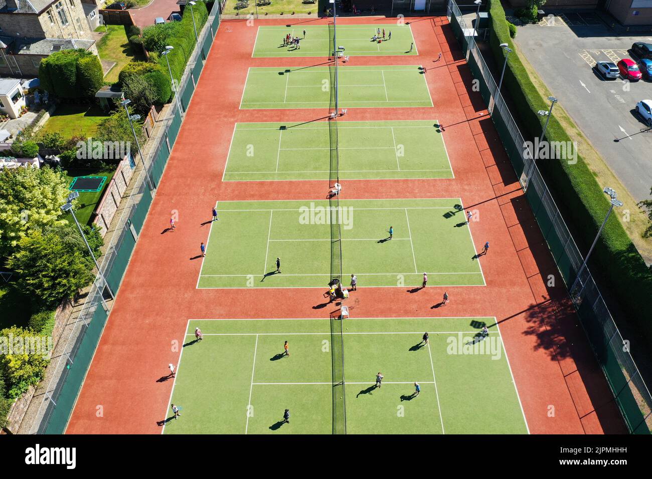Aerial drone view of suburban tennis club and courts Stock Photo