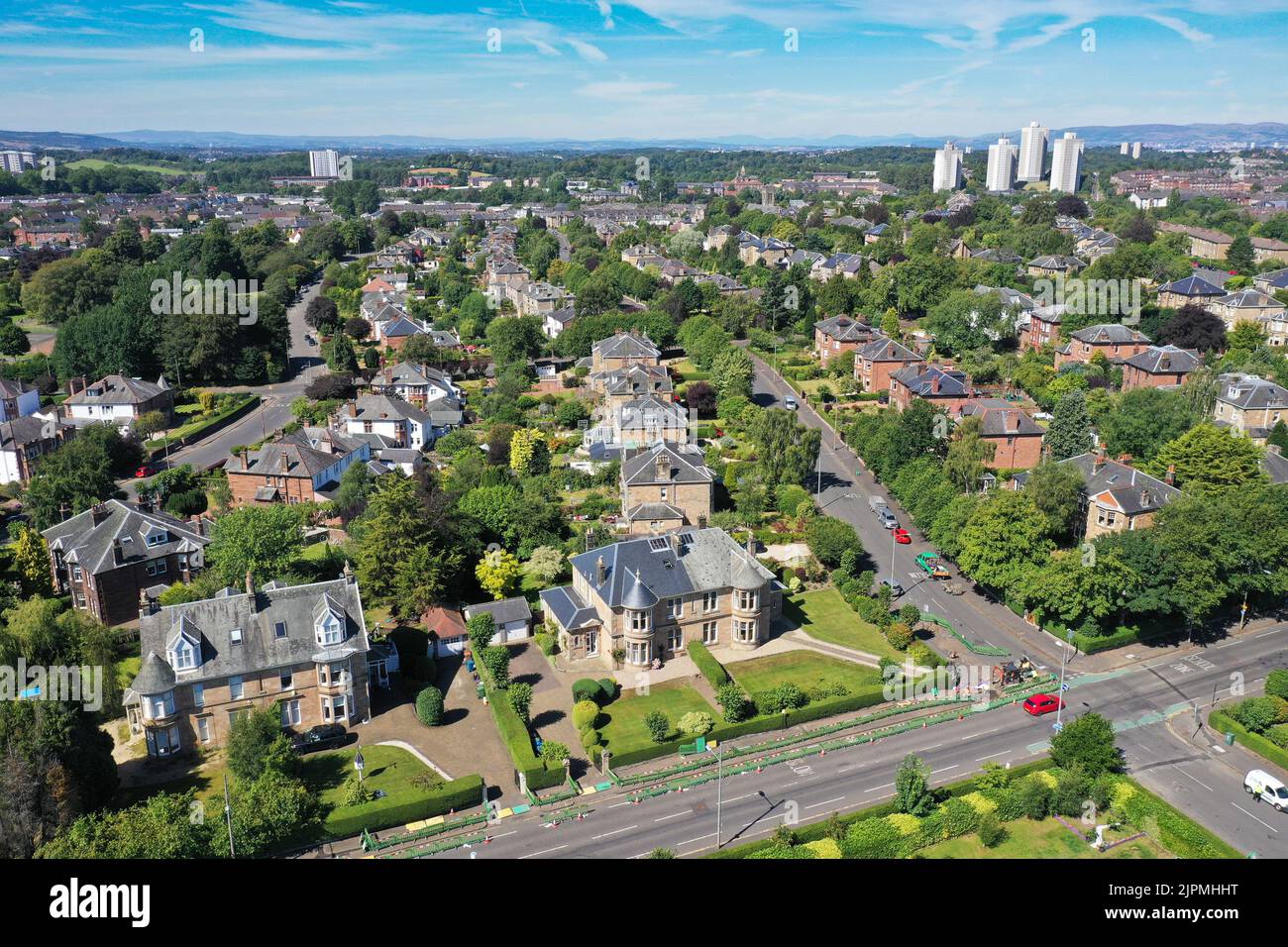 Aerial drone view of Newlands area of the South side of Glasgow Stock Photo