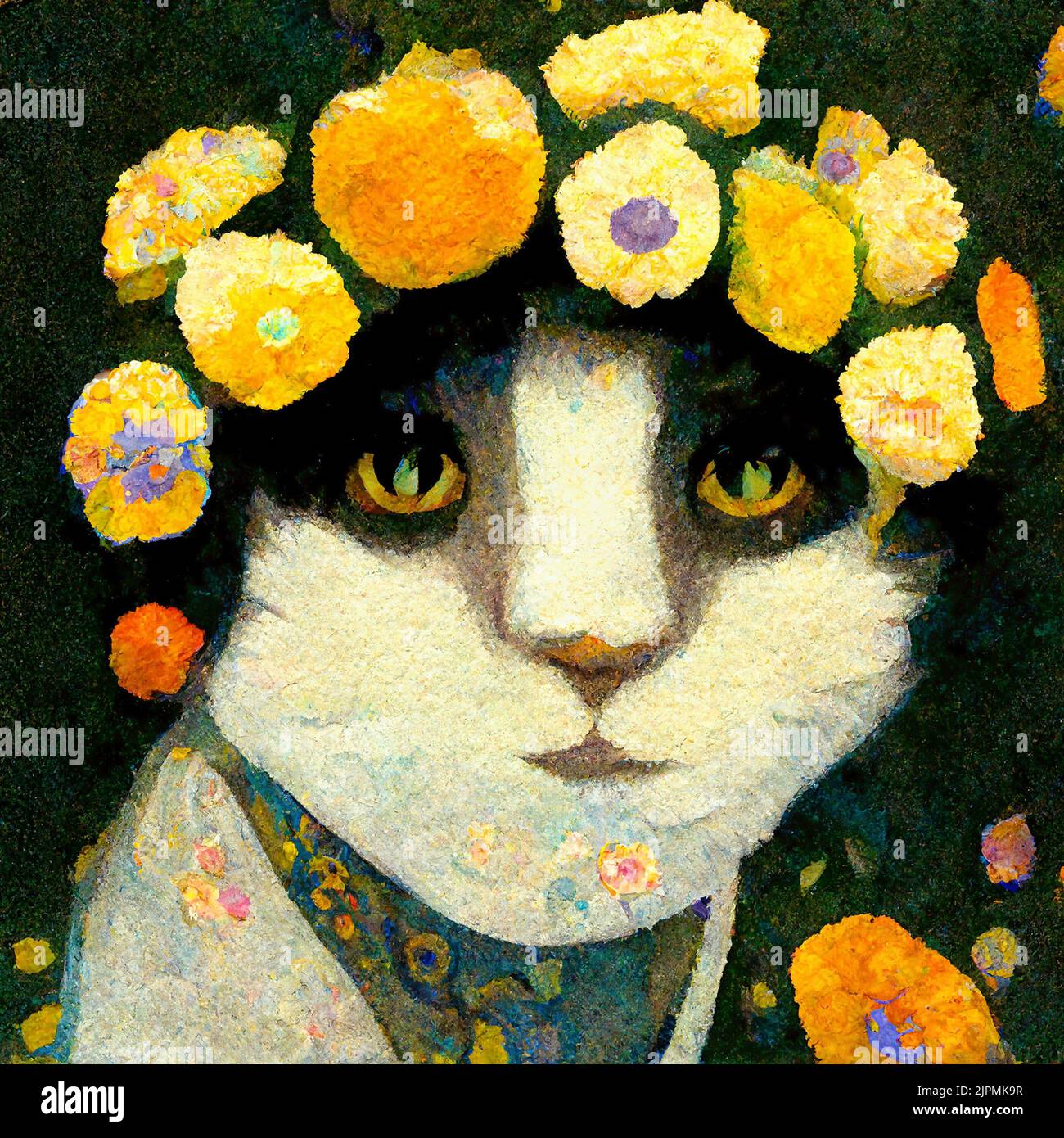 Portrait of a cat with daisies flowers around. Painted in art nouveau design Stock Photo