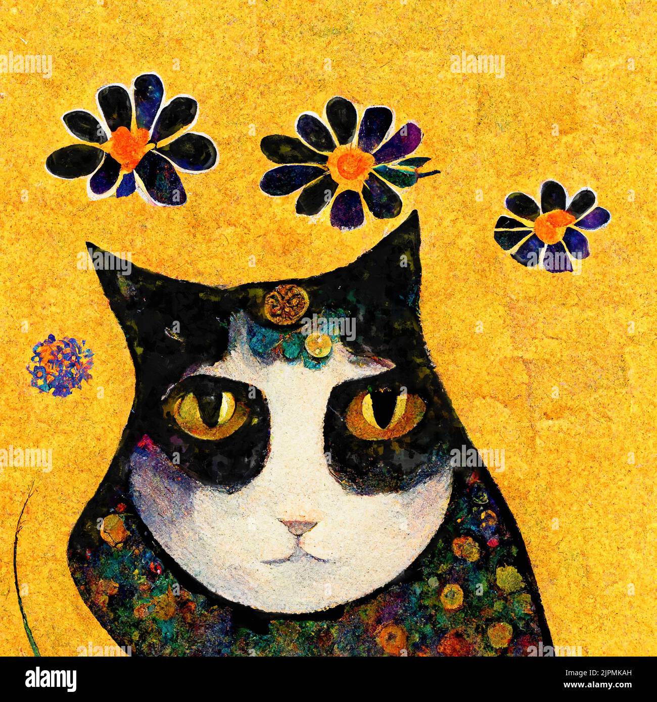 Portrait of a cat with blue daisies flowers around. Painted in art nouveau design. Stock Photo