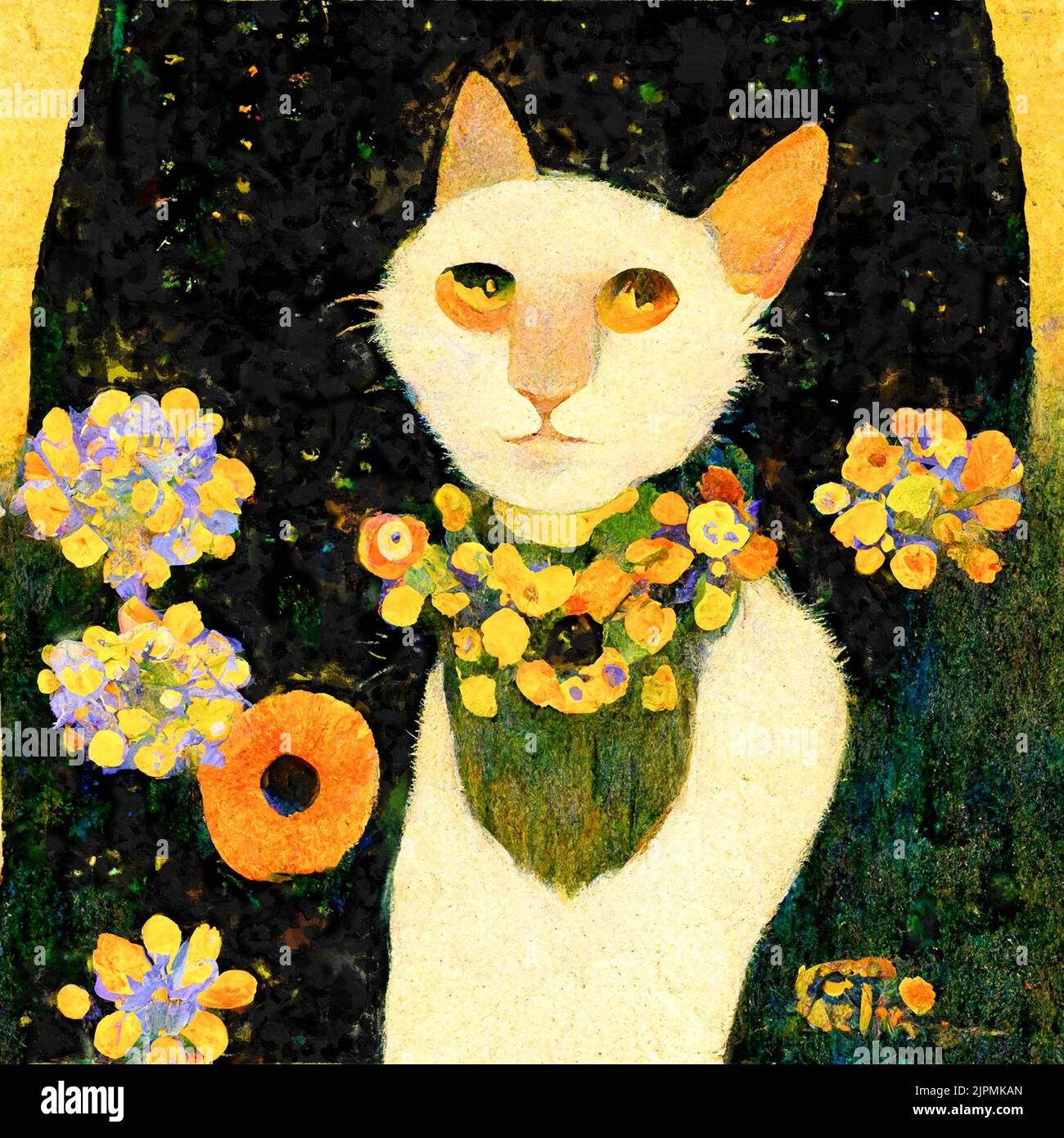 Portrait of a cat with daisies flowers around. Painted in art nouveau design Stock Photo