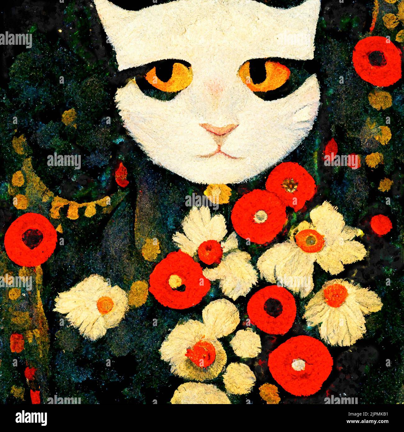 Portrait of a cat with poppies around. Painted in art nouveau design Stock Photo