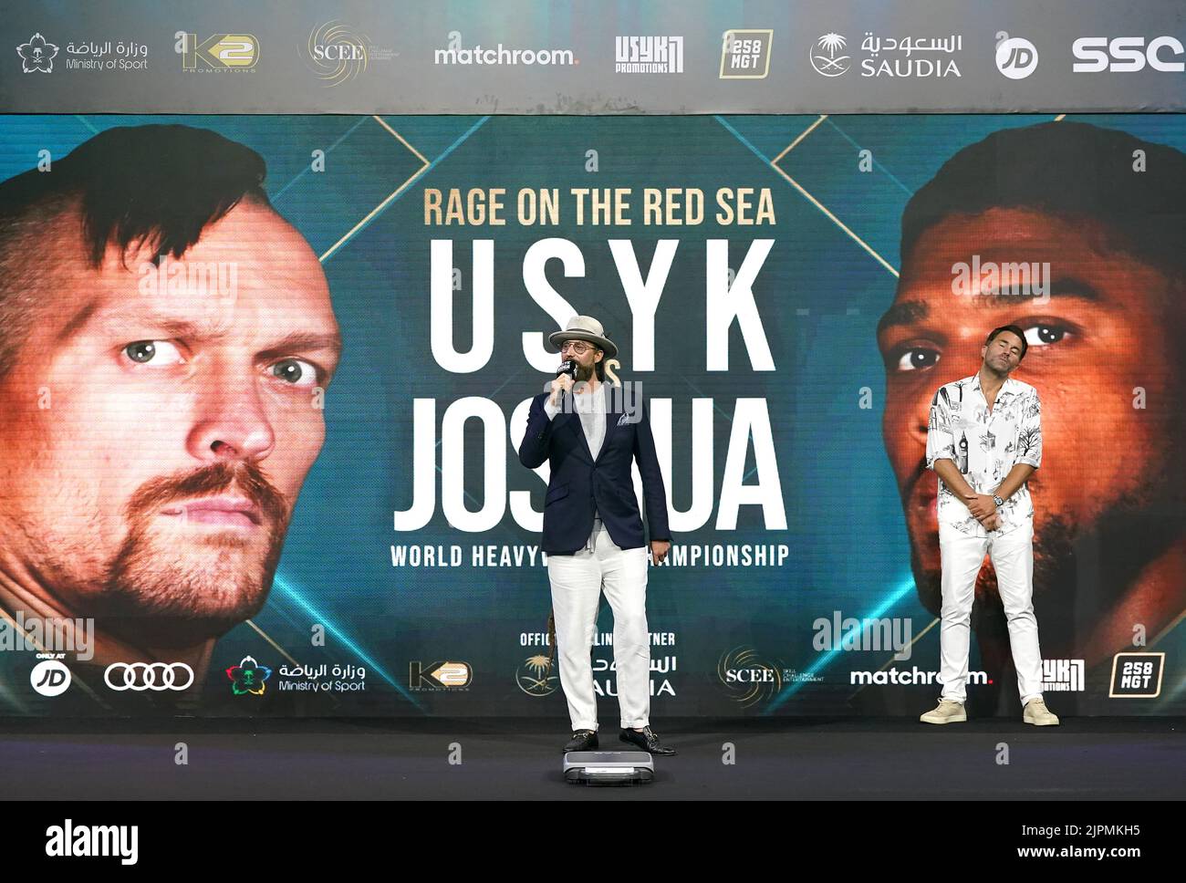 Boxing ring announcer David Diamante and boxing promotor Eddie Hearn