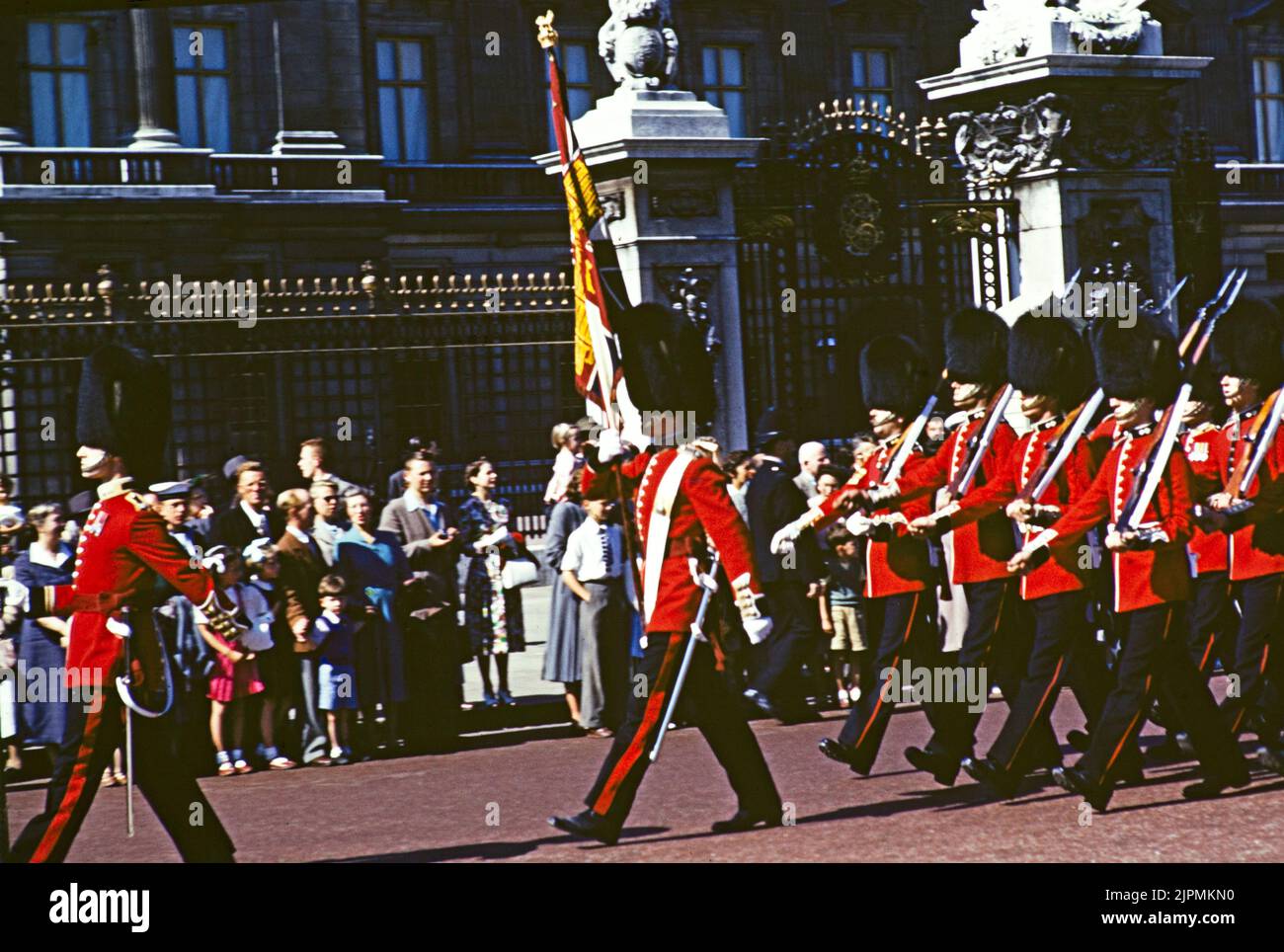 Guardsmen soliders marching, Changing of the Guard, Buckingham Palace, London, England, Uk, late