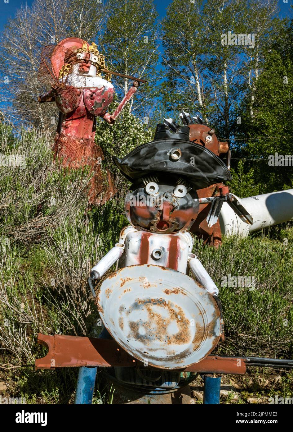 Gold Pan Sam, other figures created from auto parts, Auto Parts Gang, ranch entrance, Maggie Summit Road (Trail Creek Rd), near Mountain City, Nevada Stock Photo