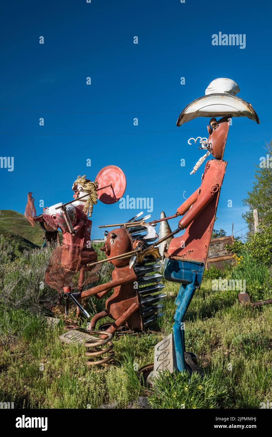 Tex, other figures created from auto parts, Auto Parts Gang, at ranch entrance, Maggie Summit Road (Trail Creek Road), near Mountain City, Nevada, USA Stock Photo