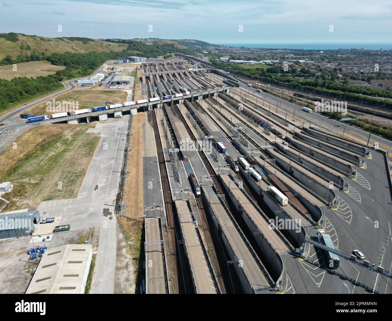 Eurotunnel Folkestone Terminal Channel tunnel UK drone aerial view Stock Photo