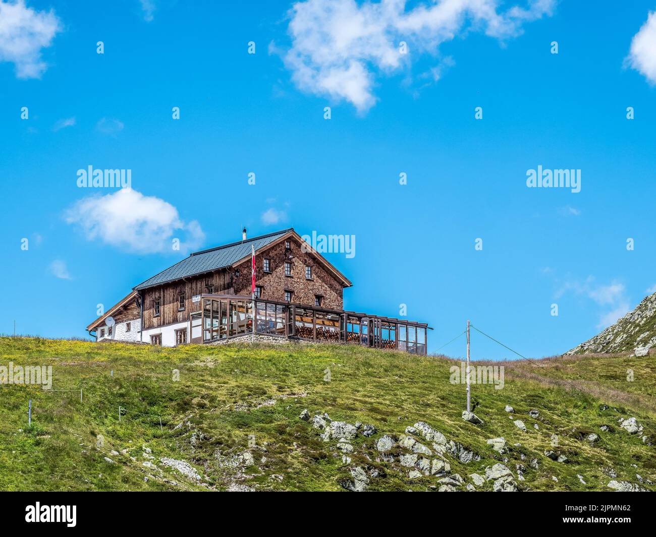 The image is of the Tuxerjoch Haus mountain refuge above Hinter Tux not far from the resort town of Mayrhofen in the Zillertal Alps Stock Photo